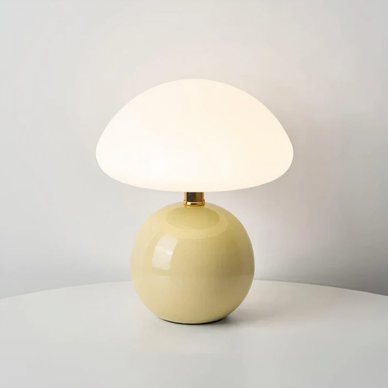 Cremefarbene LED-Tischleuchte in Pilzform mit Keramikfuß und drei einstellbaren Lichtfarben