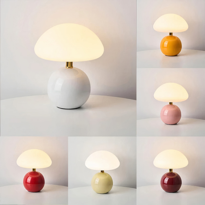 Cremefarbene LED-Tischleuchte in Pilzform mit Keramikfuß und drei einstellbaren Lichtfarben