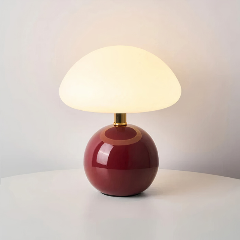 Cremefarbene LED-Tischleuchte in Pilzform mit Keramikfuß und drei einstellbaren Lichtfarben