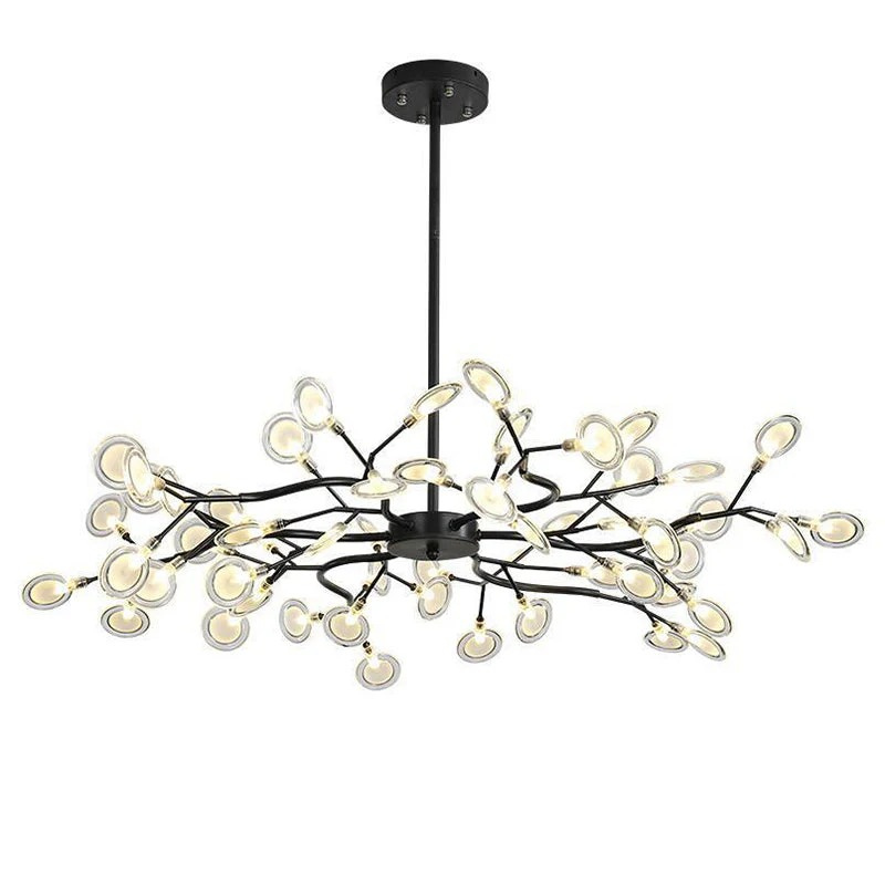 Moderner, von Glühwürmchen inspirierter LED-Kronleuchter aus Acryl und Eisen, erhältlich in verschiedenen Größen für Wohnzimmer, Schlafzimmer oder Essbereiche.