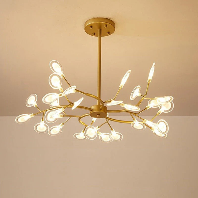 Moderner, von Glühwürmchen inspirierter LED-Kronleuchter aus Acryl und Eisen, erhältlich in verschiedenen Größen für Wohnzimmer, Schlafzimmer oder Essbereiche.