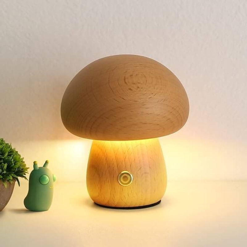 LED-Lampe aus Holz in Pilzform mit einstellbarer Helligkeit und wiederaufladbarem Akku.