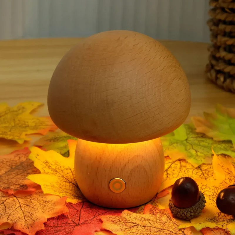 LED-Lampe aus Holz in Pilzform mit einstellbarer Helligkeit und wiederaufladbarem Akku.