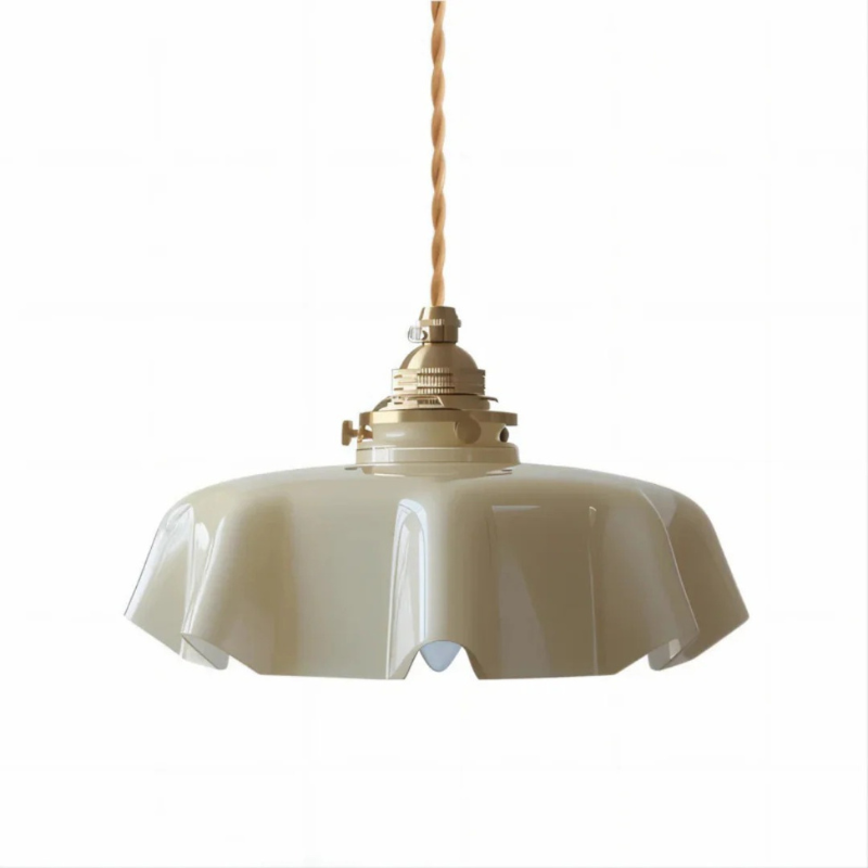 Retro-Pendelleuchte in Blumenform mit Glasschirm und Messingfinish, warme LED-Beleuchtung für Esszimmer oder Wohnzimmer.