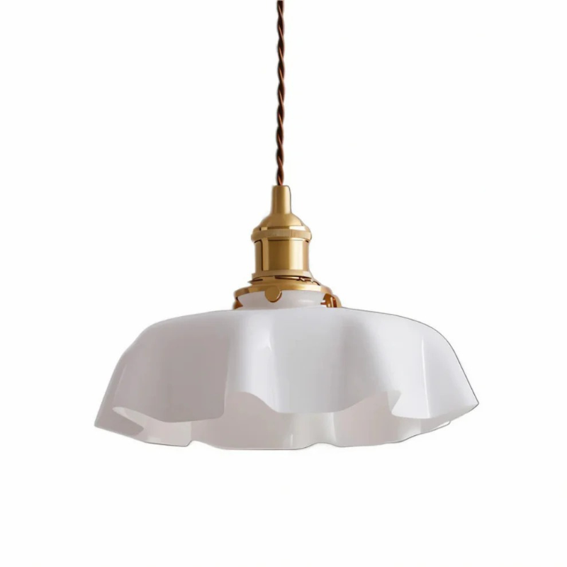 Retro-Pendelleuchte in Blumenform mit Glasschirm und Messingfinish, warme LED-Beleuchtung für Esszimmer oder Wohnzimmer.