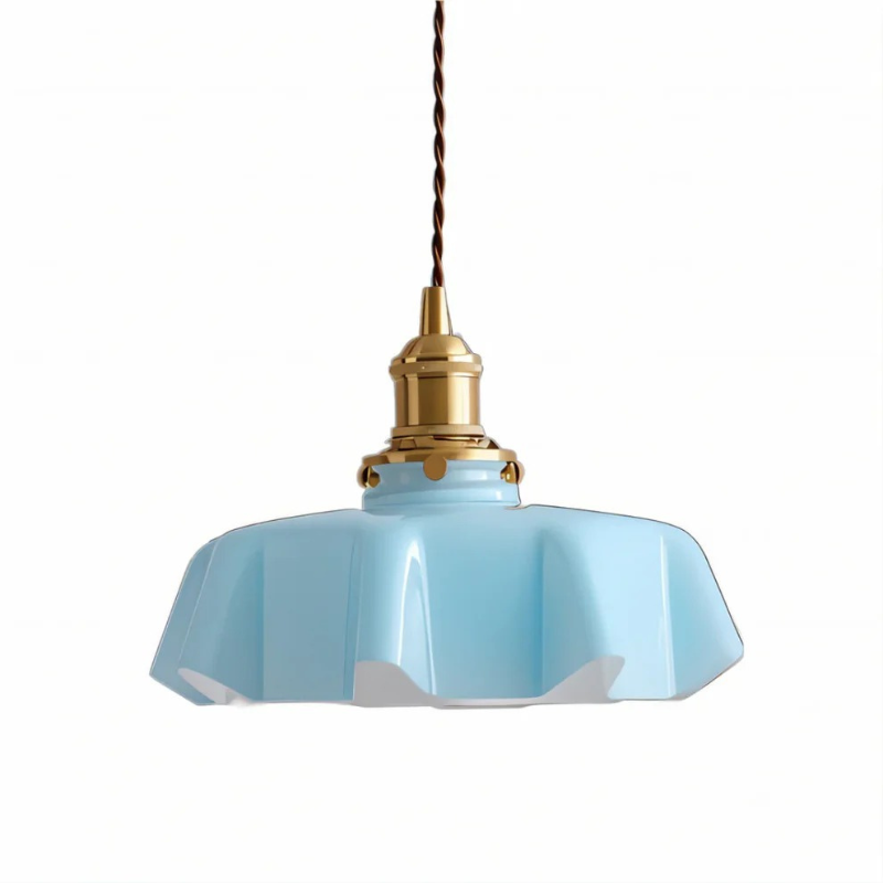 Retro-Pendelleuchte in Blumenform mit Glasschirm und Messingfinish, warme LED-Beleuchtung für Esszimmer oder Wohnzimmer.