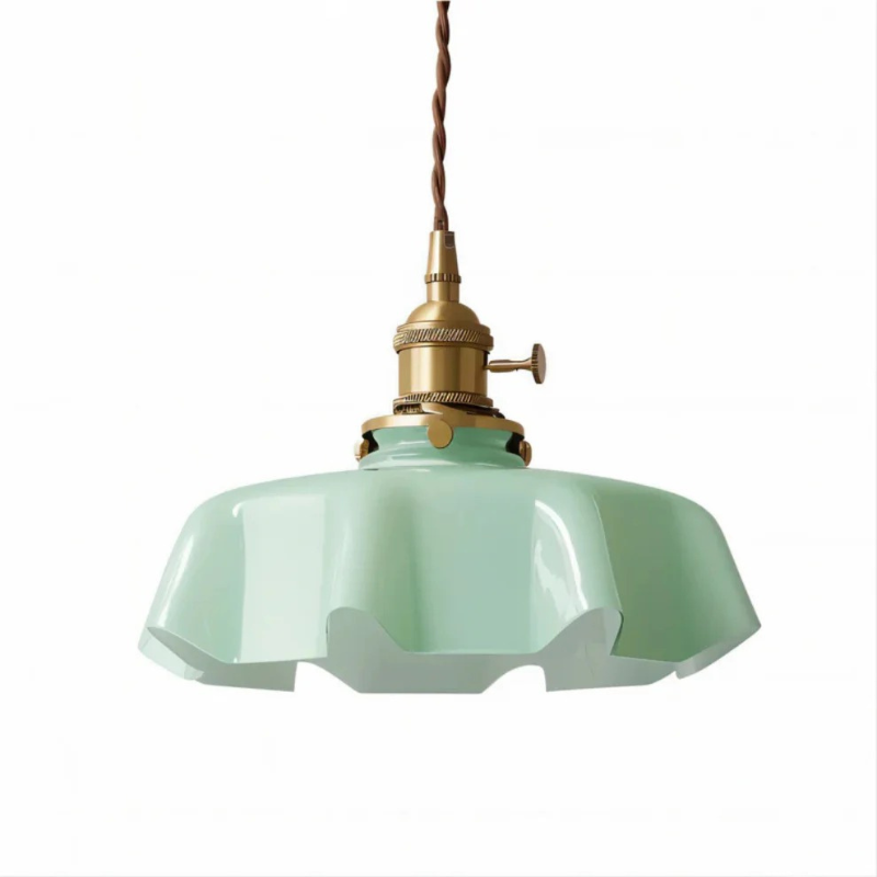 Retro-Pendelleuchte in Blumenform mit Glasschirm und Messingfinish, warme LED-Beleuchtung für Esszimmer oder Wohnzimmer.