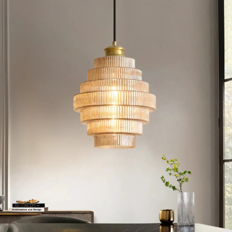 Retro glass pendant lamp with brass finish, ideal for dining rooms and living spaces