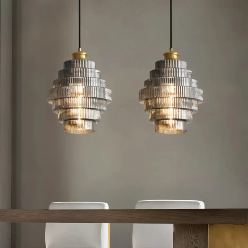 Retro glass pendant lamp with brass finish, ideal for dining rooms and living spaces