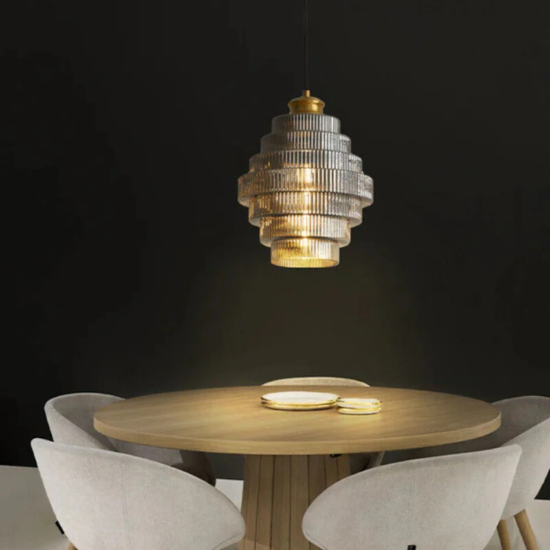 Retro glass pendant lamp with brass finish, ideal for dining rooms and living spaces