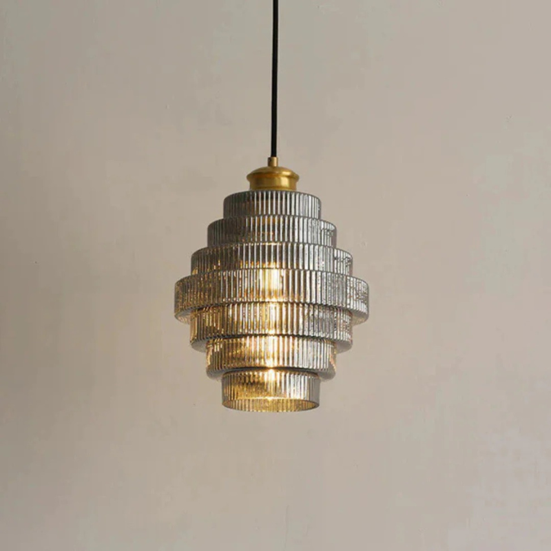 Retro glass pendant lamp with brass finish, ideal for dining rooms and living spaces