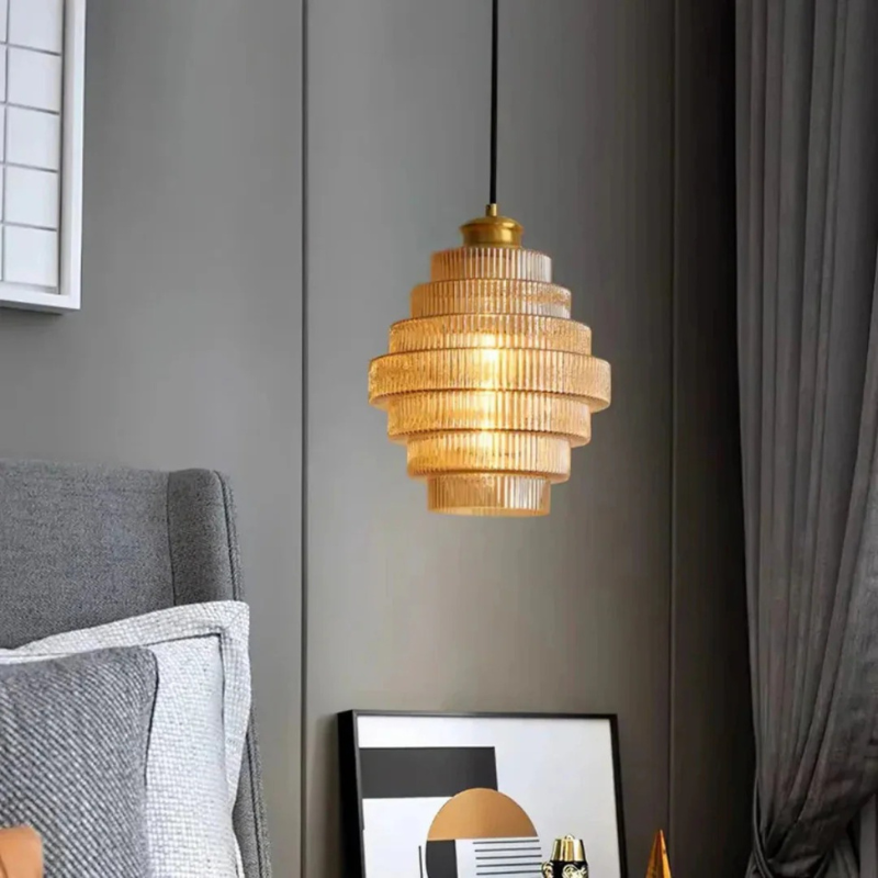 Retro glass pendant lamp with brass finish, ideal for dining rooms and living spaces