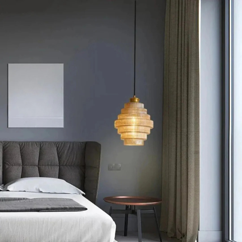 Retro glass pendant lamp with brass finish, ideal for dining rooms and living spaces