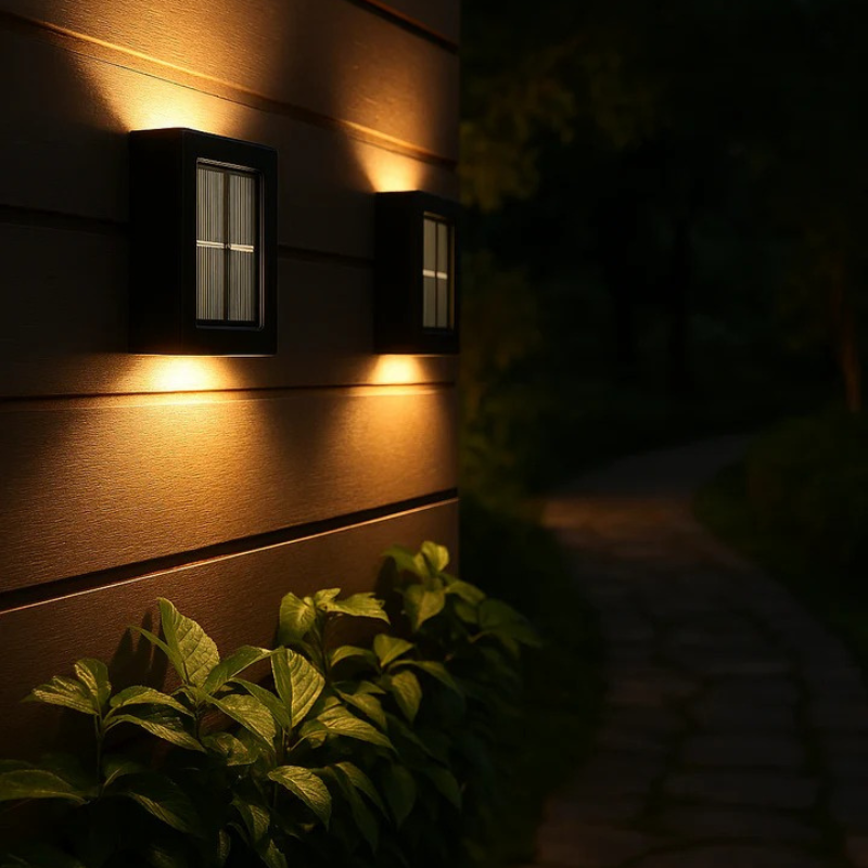 SolarGlow LED-Außenwandleuchte, solarbetrieben mit warmweißem Licht, wasserdichtes Design gemäß IP65 und optionalem Bewegungsmelder für Terrassen, Gärten und Balkone.