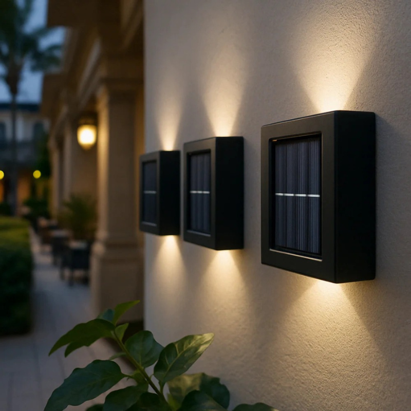 SolarGlow LED-Außenwandleuchte, solarbetrieben mit warmweißem Licht, wasserdichtes Design gemäß IP65 und optionalem Bewegungsmelder für Terrassen, Gärten und Balkone.