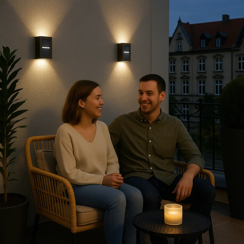 SolarGlow LED-Außenwandleuchte, solarbetrieben mit warmweißem Licht, wasserdichtes Design gemäß IP65 und optionalem Bewegungsmelder für Terrassen, Gärten und Balkone.