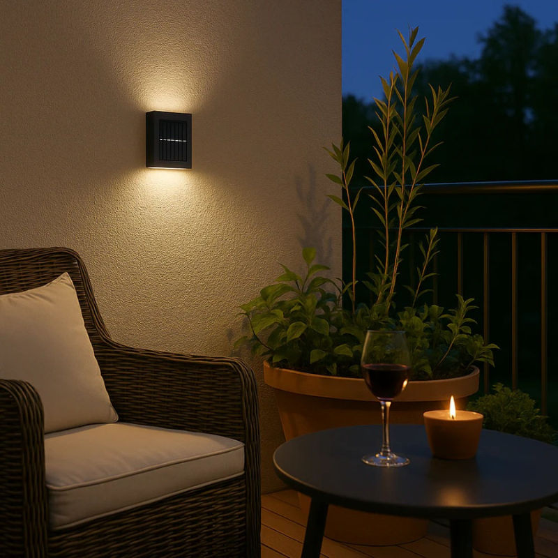 SolarGlow LED-Außenwandleuchte, solarbetrieben mit warmweißem Licht, wasserdichtes Design gemäß IP65 und optionalem Bewegungsmelder für Terrassen, Gärten und Balkone.