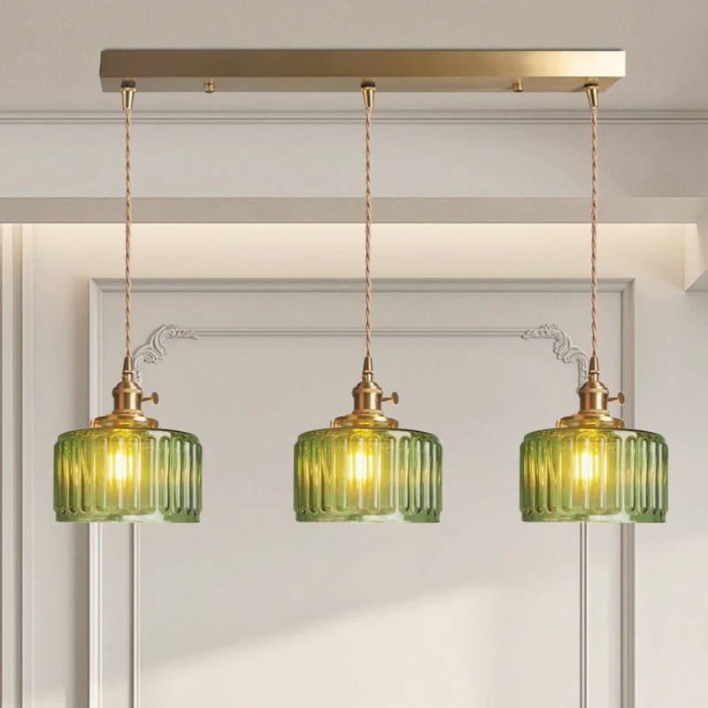 Retro-Pendelleuchte mit kurzem Zylinder aus gewelltem Glas, Chromoberfläche, einstellbarer Höhe und warmem, einladendem Licht für Schlafzimmer, Esszimmer oder Wohnzimmer.