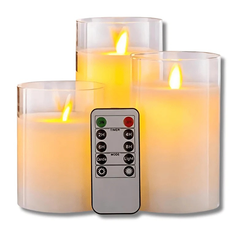 Set mit drei flammenlosen LED-Kerzen mit Fernbedienung, flackerndem Licht und Timer-Funktion.
