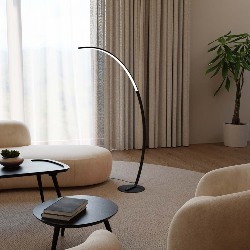 Elegante geschwungene Stehleuchte mit gebürstetem Edelstahl-Finish und einstellbarer LED-Beleuchtung