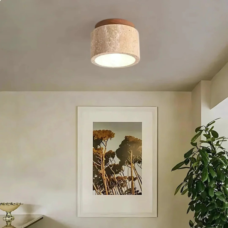 Japanische Deckenleuchte aus Marmor und Holz mit warmweißem Licht, ideal für Wohn- und Schlafzimmer.