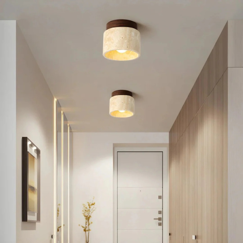 Japanische Deckenleuchte aus Marmor und Holz mit warmweißem Licht, ideal für Wohn- und Schlafzimmer.