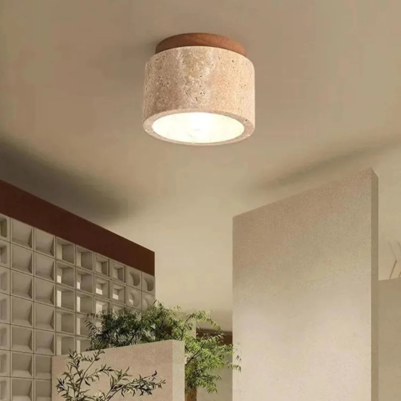 Japanische Deckenleuchte aus Marmor und Holz mit warmweißem Licht, ideal für Wohn- und Schlafzimmer.