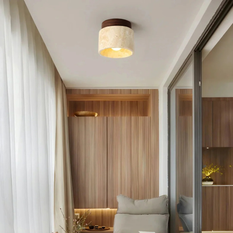 Japanische Deckenleuchte aus Marmor und Holz mit warmweißem Licht, ideal für Wohn- und Schlafzimmer.