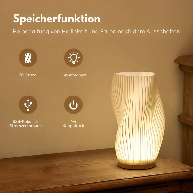 Cremefarbene moderne LED-Tischleuchte mit Metallfuß und 3D-Wellendesign