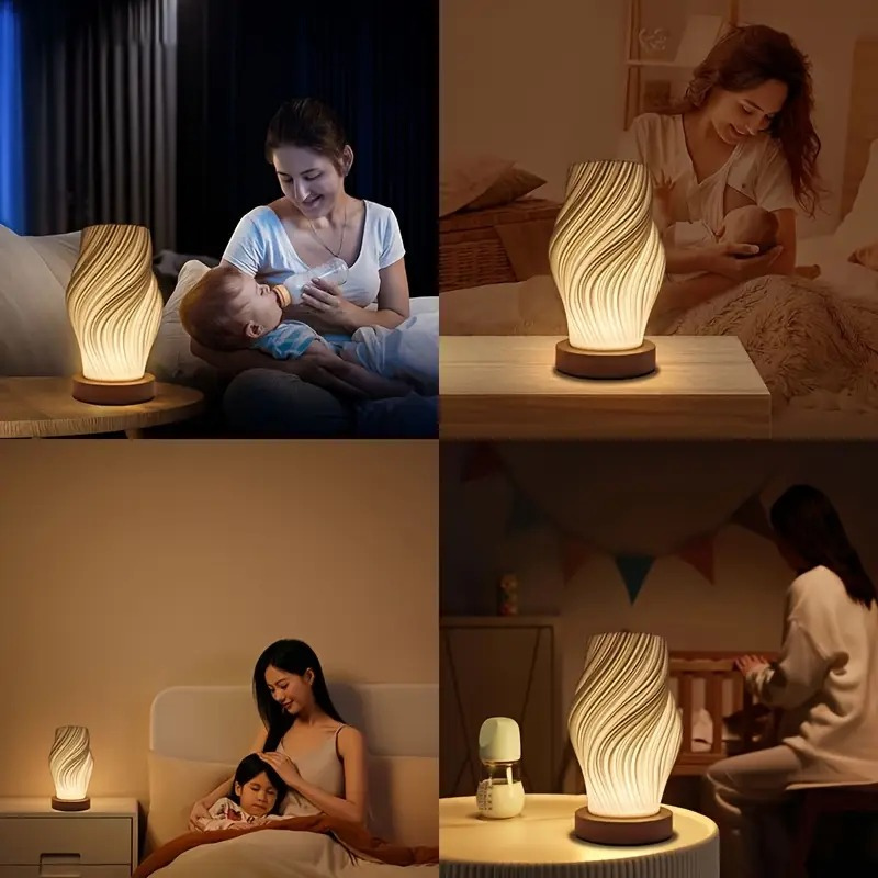 Cremefarbene moderne LED-Tischleuchte mit Metallfuß und 3D-Wellendesign