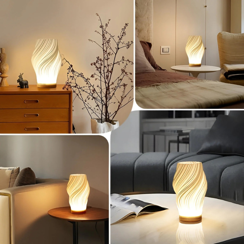 Cremefarbene moderne LED-Tischleuchte mit Metallfuß und 3D-Wellendesign