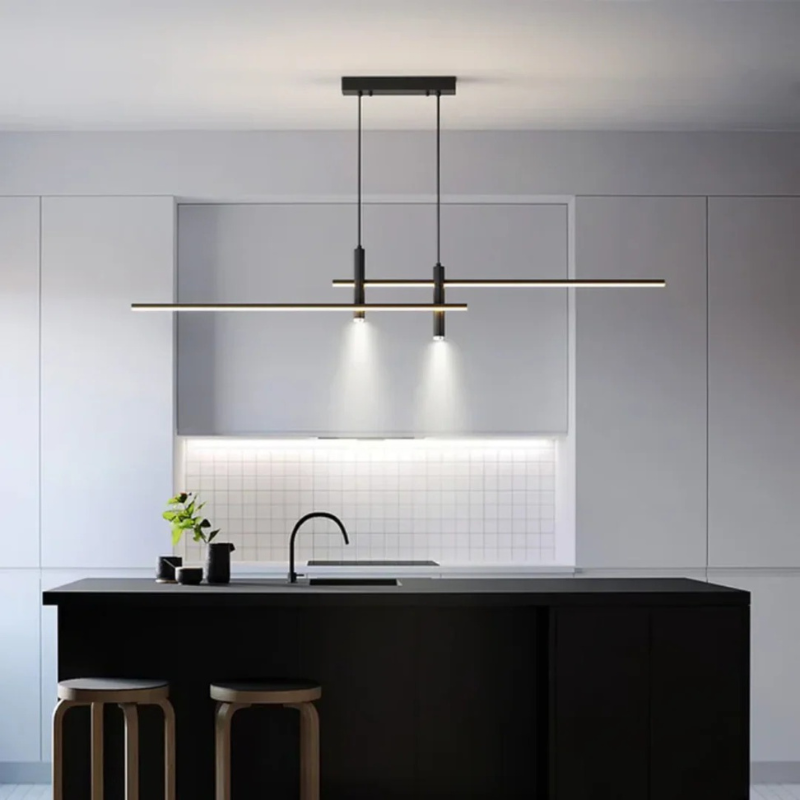 Minimalistische skandinavische LED-Pendelleuchte mit schlankem, linearem Design, einstellbarer Höhe und dimmbarer Beleuchtung für Esstisch oder Wohnzimmer