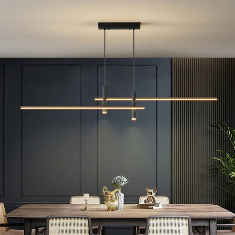 Minimalistische skandinavische LED-Pendelleuchte mit schlankem, linearem Design, einstellbarer Höhe und dimmbarer Beleuchtung für Esstisch oder Wohnzimmer