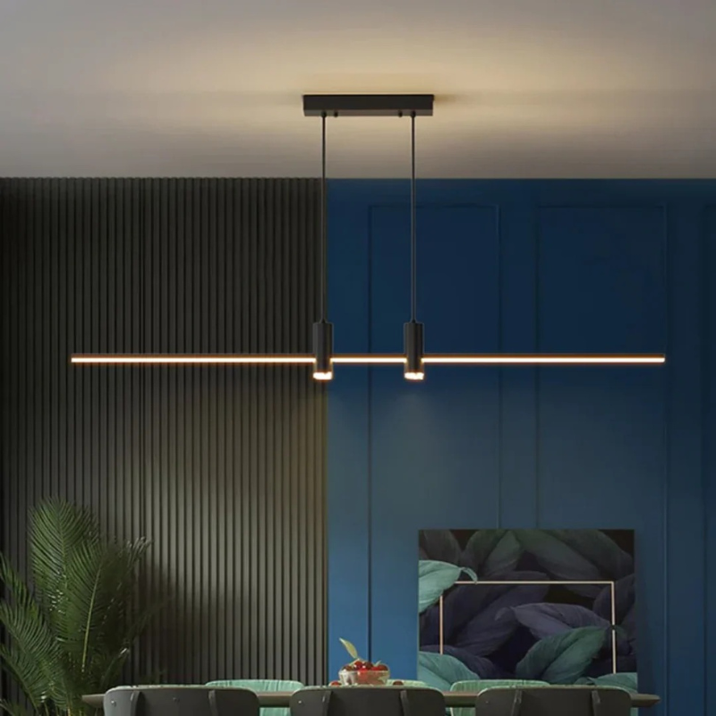Minimalistische skandinavische LED-Pendelleuchte mit schlankem, linearem Design, einstellbarer Höhe und dimmbarer Beleuchtung für Esstisch oder Wohnzimmer