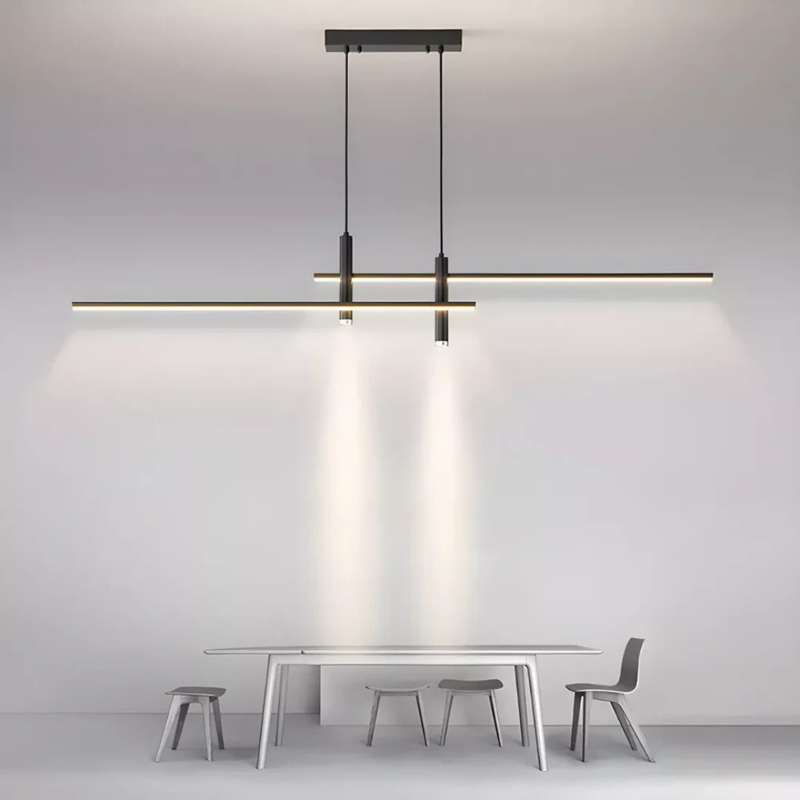 Minimalistische skandinavische LED-Pendelleuchte mit schlankem, linearem Design, einstellbarer Höhe und dimmbarer Beleuchtung für Esstisch oder Wohnzimmer