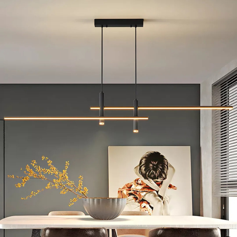 Minimalistische skandinavische LED-Pendelleuchte mit schlankem, linearem Design, einstellbarer Höhe und dimmbarer Beleuchtung für Esstisch oder Wohnzimmer