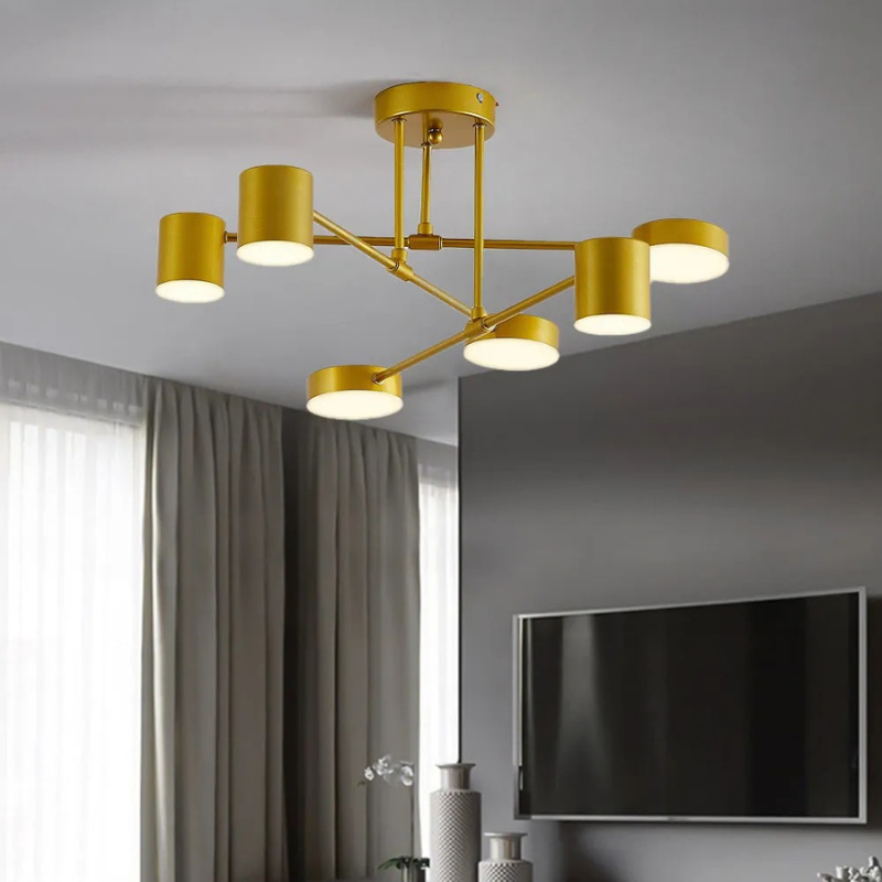 Deckenleuchte im skandinavischen Stil in Schwarz, Weiß oder Gold mit Metall- und Acrylausführung, die in einem modernen Wohnzimmer hängt