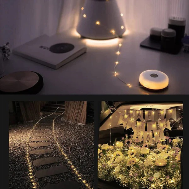 Wasserdichte 10-Meter-LED-Lichterkette mit USB-Aufladung, strapazierfähiges Design für Garten, Balkon und Camping.